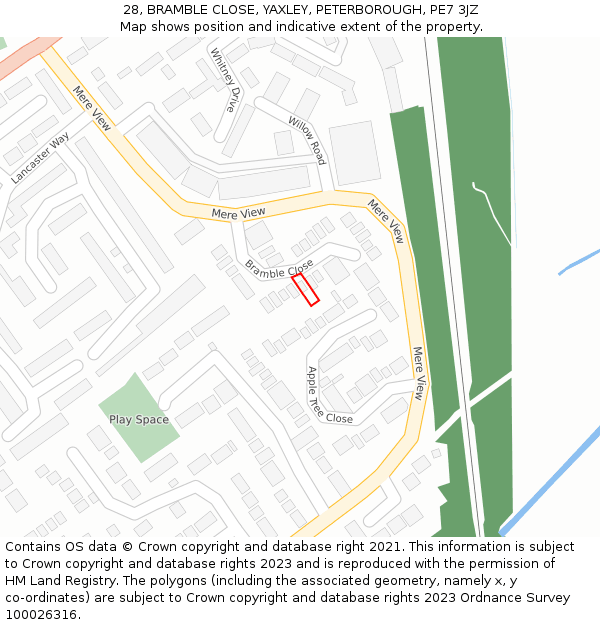 28, BRAMBLE CLOSE, YAXLEY, PETERBOROUGH, PE7 3JZ: Location map and indicative extent of plot