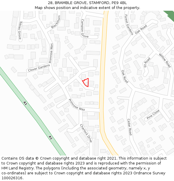 28, BRAMBLE GROVE, STAMFORD, PE9 4BL: Location map and indicative extent of plot