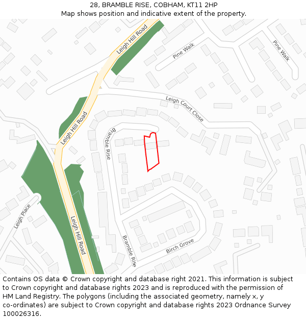 28, BRAMBLE RISE, COBHAM, KT11 2HP: Location map and indicative extent of plot