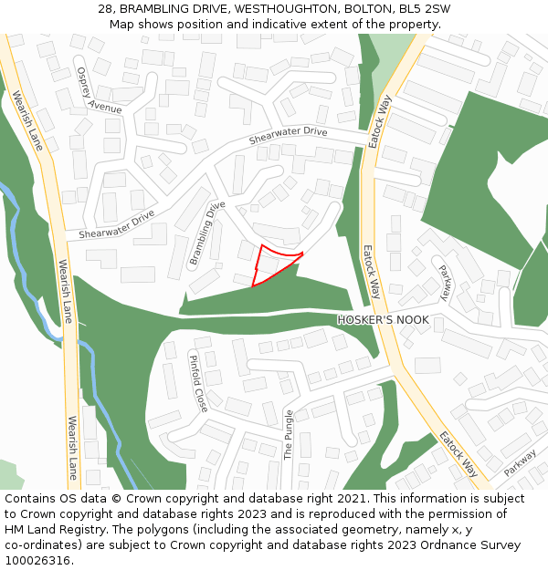 28, BRAMBLING DRIVE, WESTHOUGHTON, BOLTON, BL5 2SW: Location map and indicative extent of plot