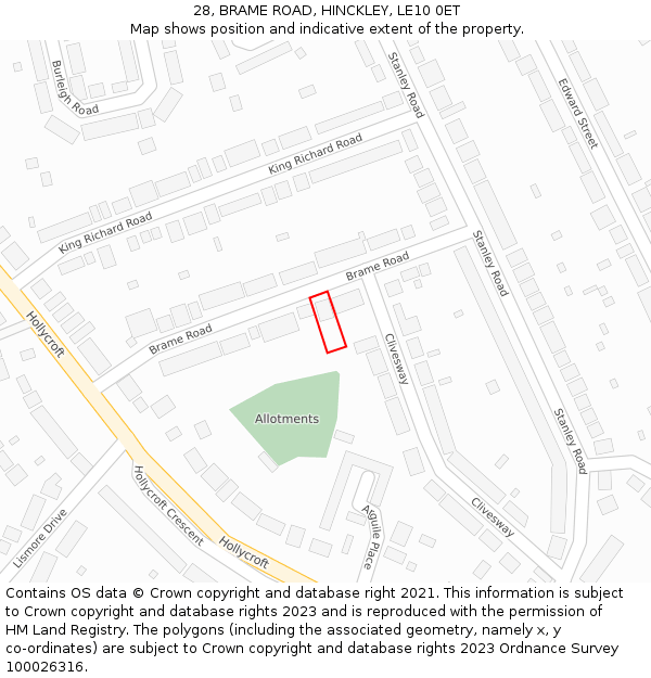 28, BRAME ROAD, HINCKLEY, LE10 0ET: Location map and indicative extent of plot