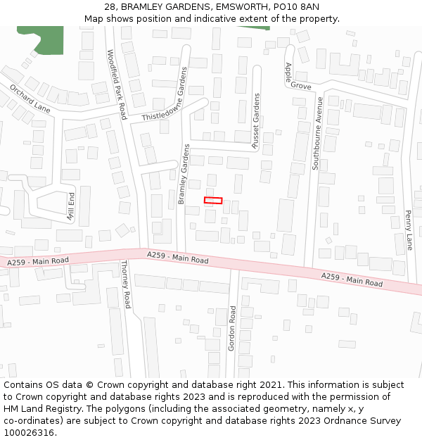 28, BRAMLEY GARDENS, EMSWORTH, PO10 8AN: Location map and indicative extent of plot