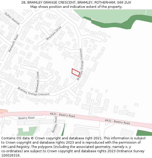 28, BRAMLEY GRANGE CRESCENT, BRAMLEY, ROTHERHAM, S66 2UX: Location map and indicative extent of plot