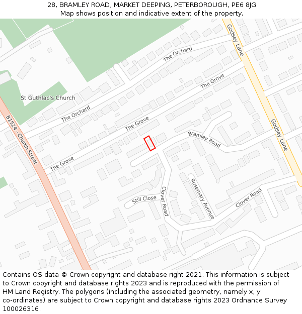 28, BRAMLEY ROAD, MARKET DEEPING, PETERBOROUGH, PE6 8JG: Location map and indicative extent of plot