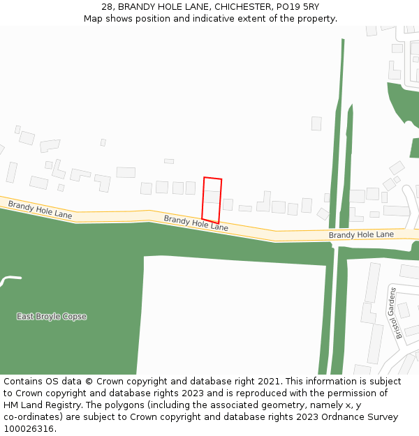 28, BRANDY HOLE LANE, CHICHESTER, PO19 5RY: Location map and indicative extent of plot
