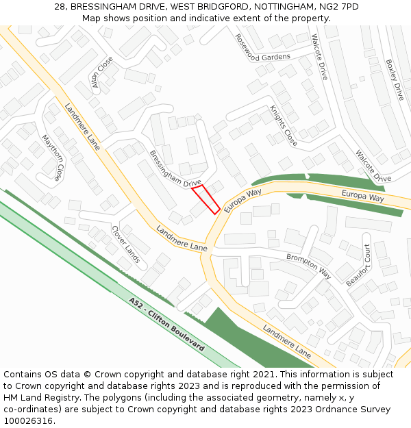 28, BRESSINGHAM DRIVE, WEST BRIDGFORD, NOTTINGHAM, NG2 7PD: Location map and indicative extent of plot