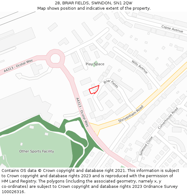 28, BRIAR FIELDS, SWINDON, SN1 2QW: Location map and indicative extent of plot