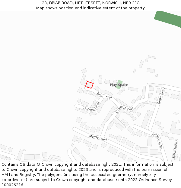 28, BRIAR ROAD, HETHERSETT, NORWICH, NR9 3FG: Location map and indicative extent of plot