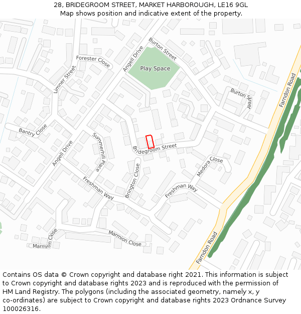 28, BRIDEGROOM STREET, MARKET HARBOROUGH, LE16 9GL: Location map and indicative extent of plot