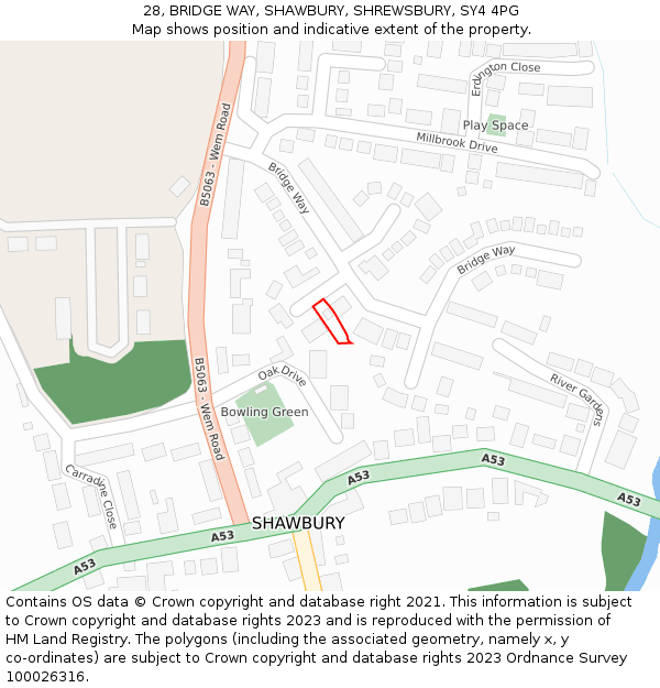 28, BRIDGE WAY, SHAWBURY, SHREWSBURY, SY4 4PG: Location map and indicative extent of plot