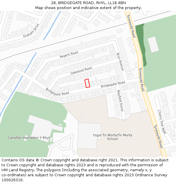 28, BRIDGEGATE ROAD, RHYL, LL18 4BN: Location map and indicative extent of plot