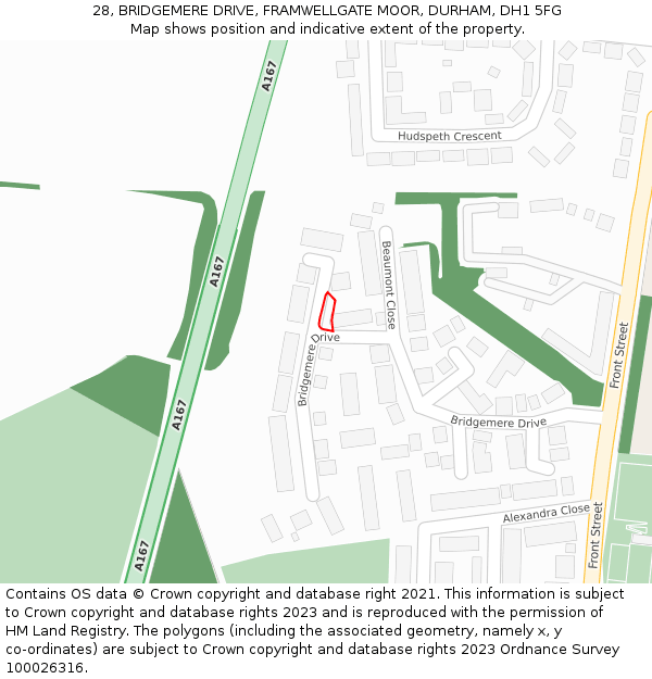 28, BRIDGEMERE DRIVE, FRAMWELLGATE MOOR, DURHAM, DH1 5FG: Location map and indicative extent of plot