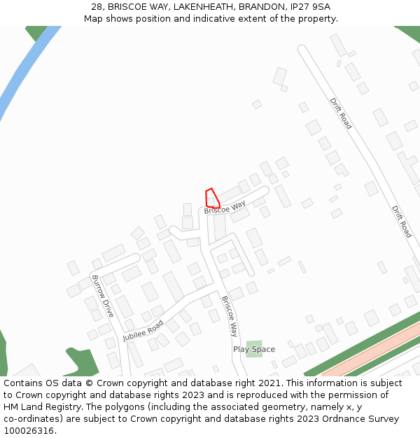 28, BRISCOE WAY, LAKENHEATH, BRANDON, IP27 9SA: Location map and indicative extent of plot