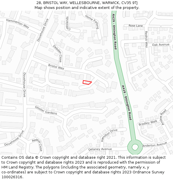 28, BRISTOL WAY, WELLESBOURNE, WARWICK, CV35 9TJ: Location map and indicative extent of plot