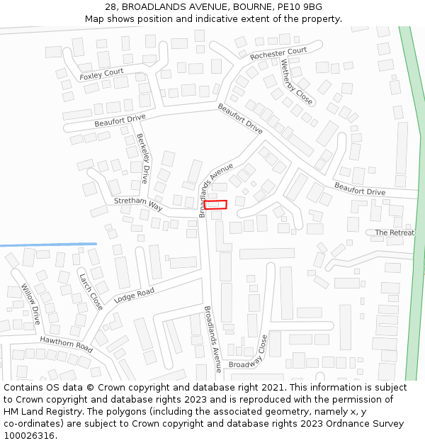 28, BROADLANDS AVENUE, BOURNE, PE10 9BG: Location map and indicative extent of plot