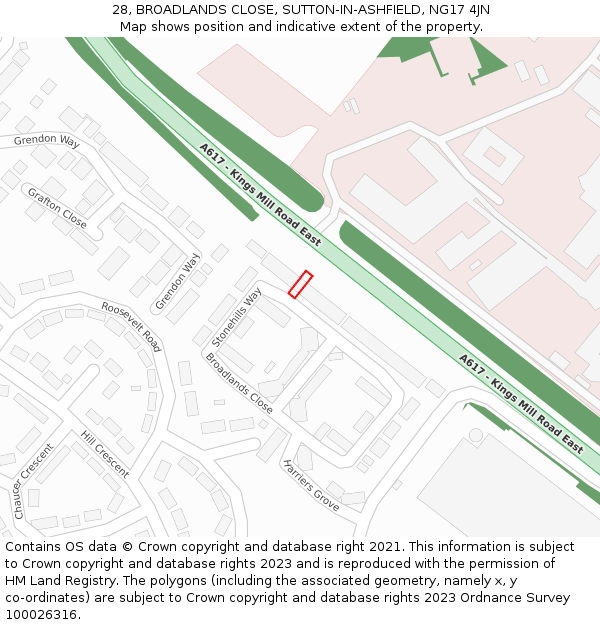 28, BROADLANDS CLOSE, SUTTON-IN-ASHFIELD, NG17 4JN: Location map and indicative extent of plot