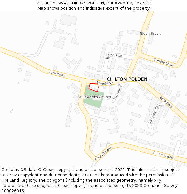 28, BROADWAY, CHILTON POLDEN, BRIDGWATER, TA7 9DP: Location map and indicative extent of plot