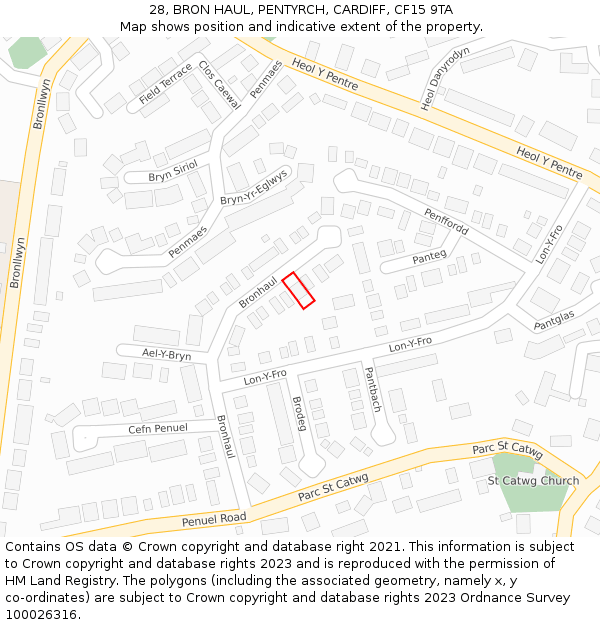 28, BRON HAUL, PENTYRCH, CARDIFF, CF15 9TA: Location map and indicative extent of plot