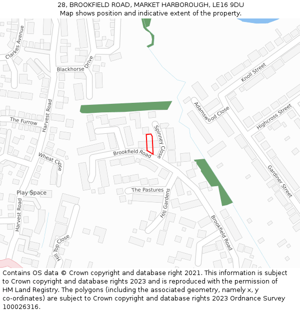 28, BROOKFIELD ROAD, MARKET HARBOROUGH, LE16 9DU: Location map and indicative extent of plot