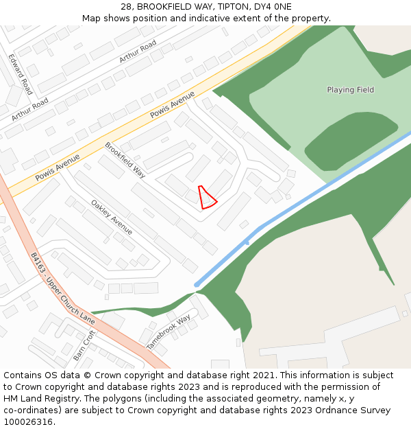 28, BROOKFIELD WAY, TIPTON, DY4 0NE: Location map and indicative extent of plot