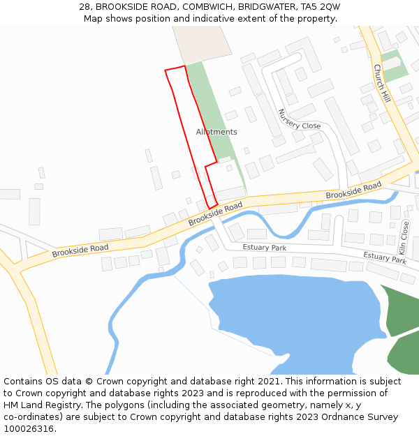 28, BROOKSIDE ROAD, COMBWICH, BRIDGWATER, TA5 2QW: Location map and indicative extent of plot