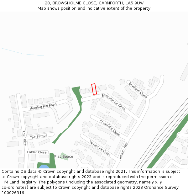 28, BROWSHOLME CLOSE, CARNFORTH, LA5 9UW: Location map and indicative extent of plot