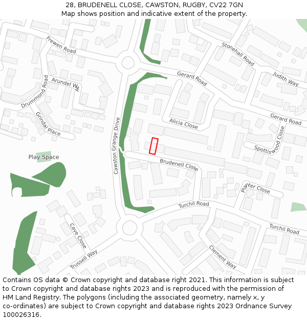 28, BRUDENELL CLOSE, CAWSTON, RUGBY, CV22 7GN: Location map and indicative extent of plot