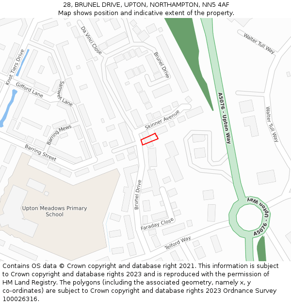 28, BRUNEL DRIVE, UPTON, NORTHAMPTON, NN5 4AF: Location map and indicative extent of plot