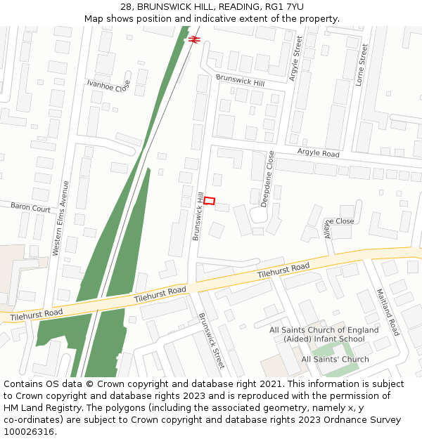28, BRUNSWICK HILL, READING, RG1 7YU: Location map and indicative extent of plot