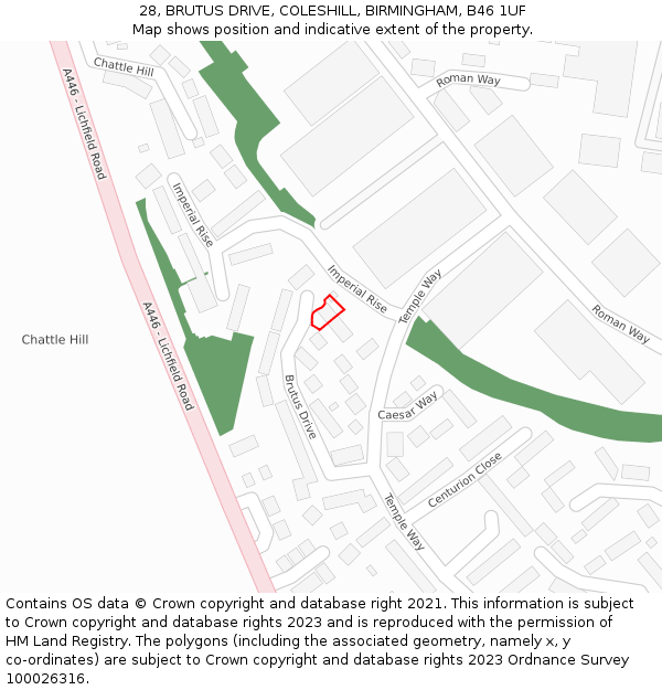 28, BRUTUS DRIVE, COLESHILL, BIRMINGHAM, B46 1UF: Location map and indicative extent of plot