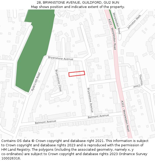 28, BRYANSTONE AVENUE, GUILDFORD, GU2 9UN: Location map and indicative extent of plot