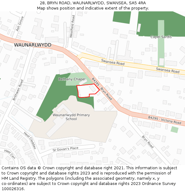 28, BRYN ROAD, WAUNARLWYDD, SWANSEA, SA5 4RA: Location map and indicative extent of plot