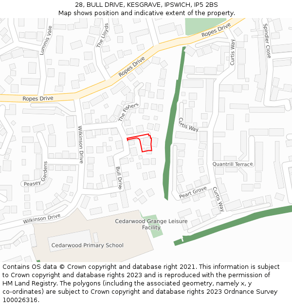 28, BULL DRIVE, KESGRAVE, IPSWICH, IP5 2BS: Location map and indicative extent of plot