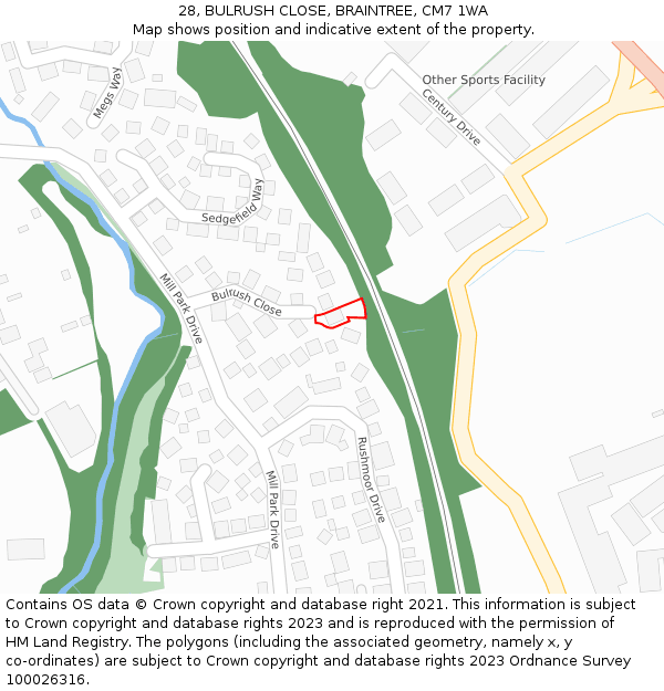 28, BULRUSH CLOSE, BRAINTREE, CM7 1WA: Location map and indicative extent of plot