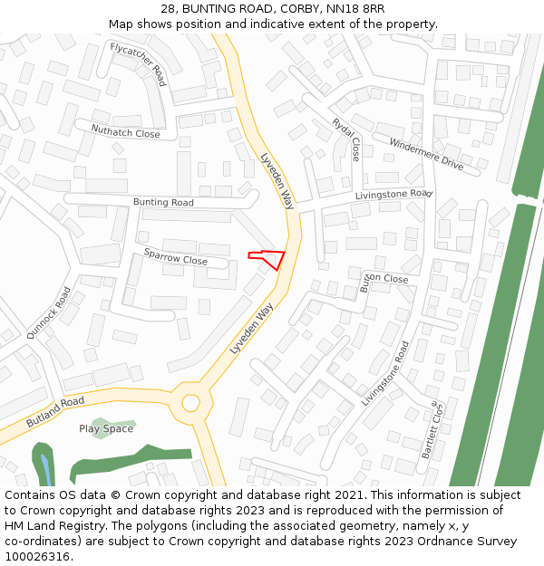 28, BUNTING ROAD, CORBY, NN18 8RR: Location map and indicative extent of plot