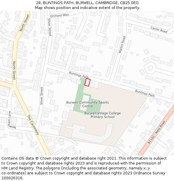 28, BUNTINGS PATH, BURWELL, CAMBRIDGE, CB25 0EG: Location map and indicative extent of plot