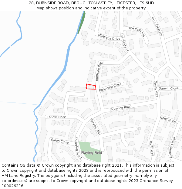 28, BURNSIDE ROAD, BROUGHTON ASTLEY, LEICESTER, LE9 6UD: Location map and indicative extent of plot
