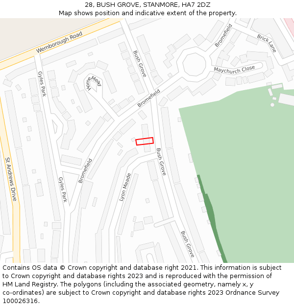 28, BUSH GROVE, STANMORE, HA7 2DZ: Location map and indicative extent of plot