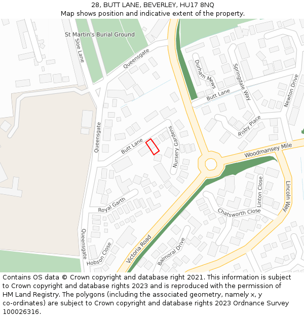 28, BUTT LANE, BEVERLEY, HU17 8NQ: Location map and indicative extent of plot