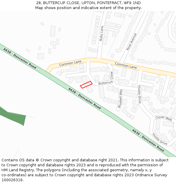 28, BUTTERCUP CLOSE, UPTON, PONTEFRACT, WF9 1ND: Location map and indicative extent of plot