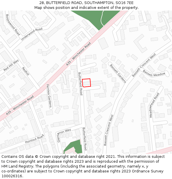 28, BUTTERFIELD ROAD, SOUTHAMPTON, SO16 7EE: Location map and indicative extent of plot