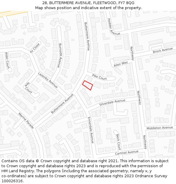 28, BUTTERMERE AVENUE, FLEETWOOD, FY7 8QG: Location map and indicative extent of plot