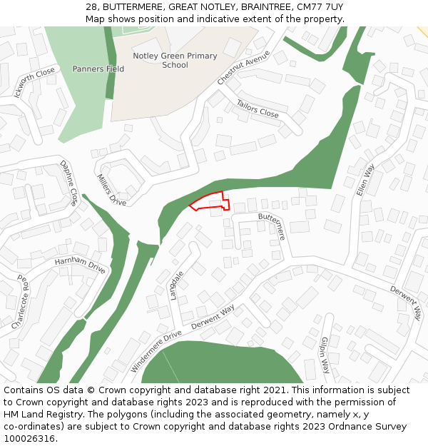 28, BUTTERMERE, GREAT NOTLEY, BRAINTREE, CM77 7UY: Location map and indicative extent of plot