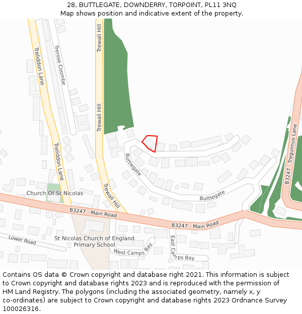 28, BUTTLEGATE, DOWNDERRY, TORPOINT, PL11 3NQ: Location map and indicative extent of plot