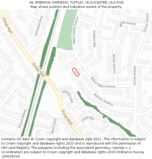 28, BYBROOK GARDENS, TUFFLEY, GLOUCESTER, GL4 0HQ: Location map and indicative extent of plot