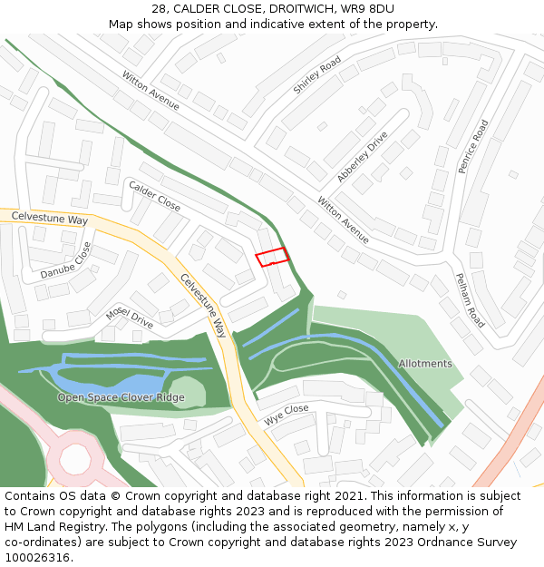 28, CALDER CLOSE, DROITWICH, WR9 8DU: Location map and indicative extent of plot