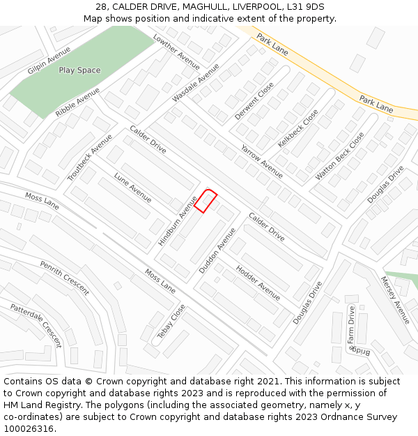 28, CALDER DRIVE, MAGHULL, LIVERPOOL, L31 9DS: Location map and indicative extent of plot