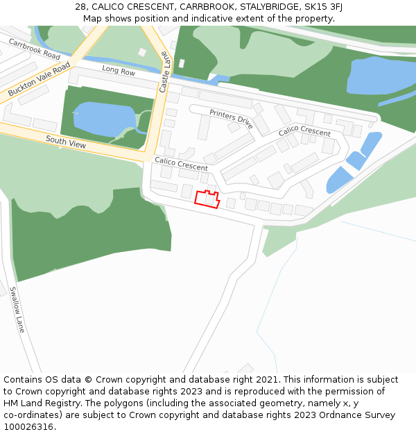 28, CALICO CRESCENT, CARRBROOK, STALYBRIDGE, SK15 3FJ: Location map and indicative extent of plot