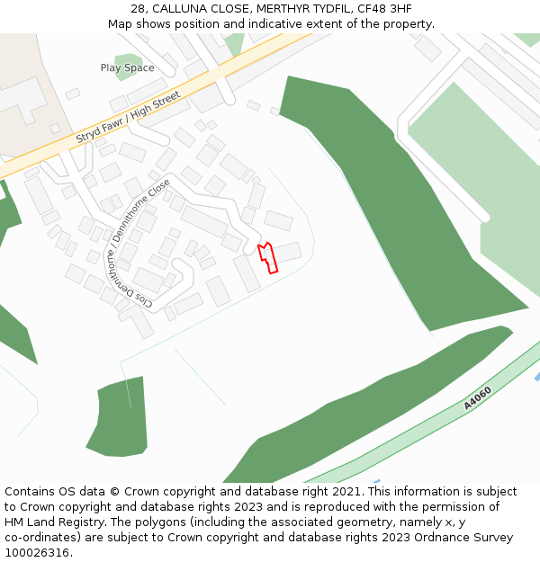 28, CALLUNA CLOSE, MERTHYR TYDFIL, CF48 3HF: Location map and indicative extent of plot