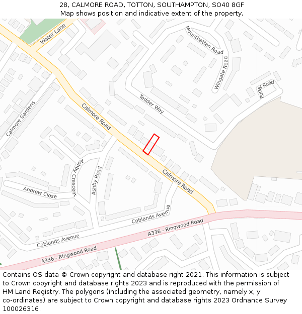 28, CALMORE ROAD, TOTTON, SOUTHAMPTON, SO40 8GF: Location map and indicative extent of plot